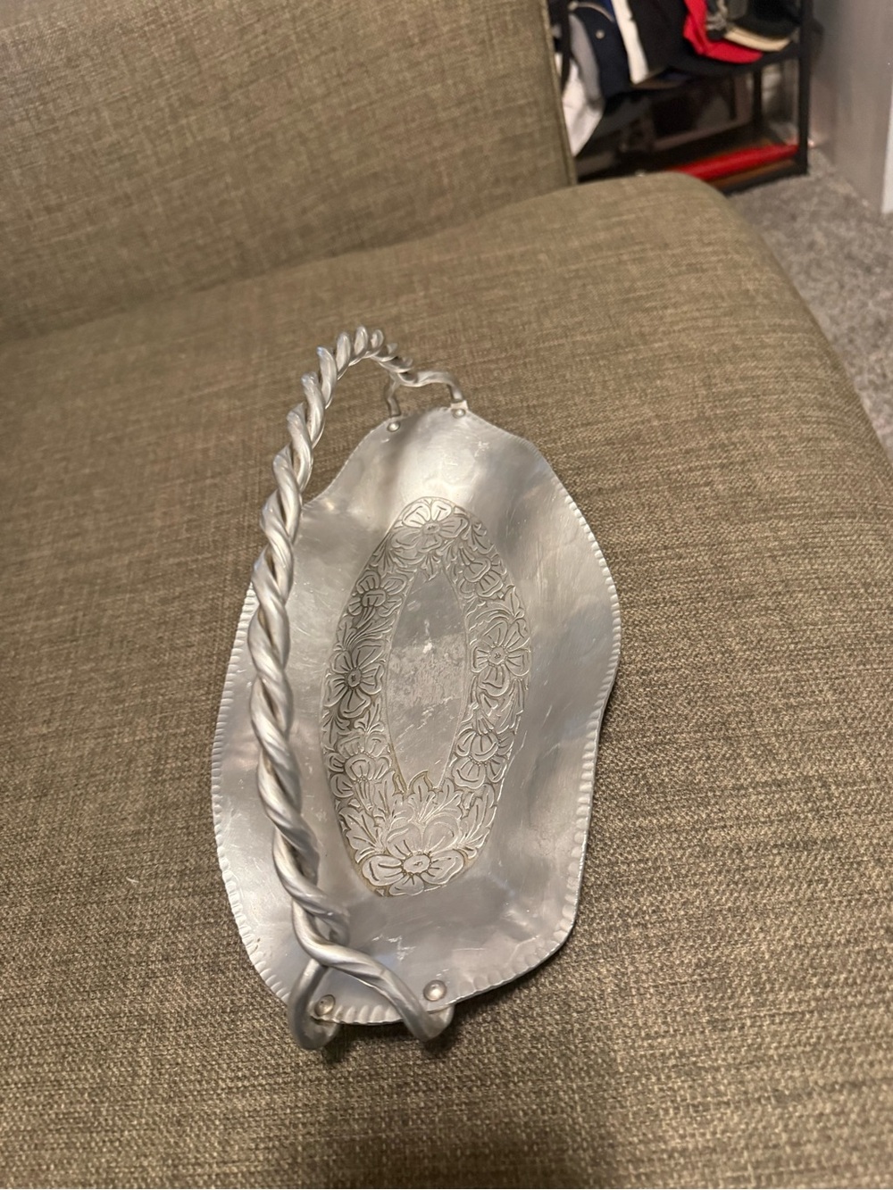 Camper Silver Decorative Floral Metal Basket with Twisted Handle
